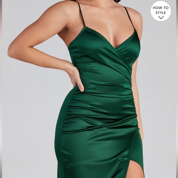 Windsor Jolina Wrap Skirt Satin Dress in Hunter Green - Picture 2 of 9
